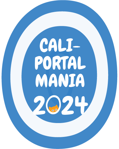 Blue and white oval-shaped Cali-Portalmania 2024 logo