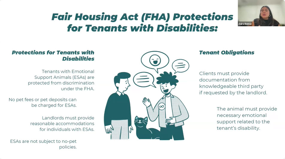 Fair Housing Act Protections for Tenants with Disabilities slide in presenation by Zaira Bernal of HEART L.A.