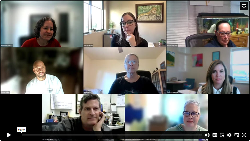 Screenshot of zoom meeting with eight of the participants of the meeting.